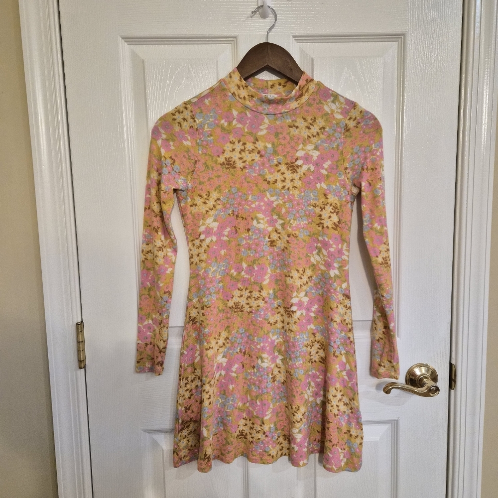 Vintage Hippie Floral Knit Mini Dress Sz L